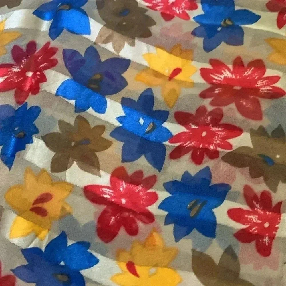 Floral print, silk scarf, red blue, yellow, and tan